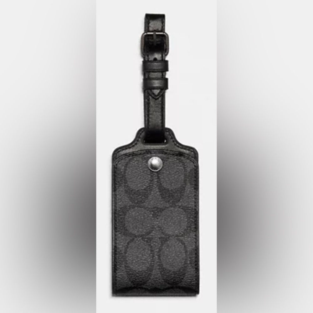 Coach Outlet Luggage Tag Signature Coated Canvas & Leather Black/Charcoal NWT